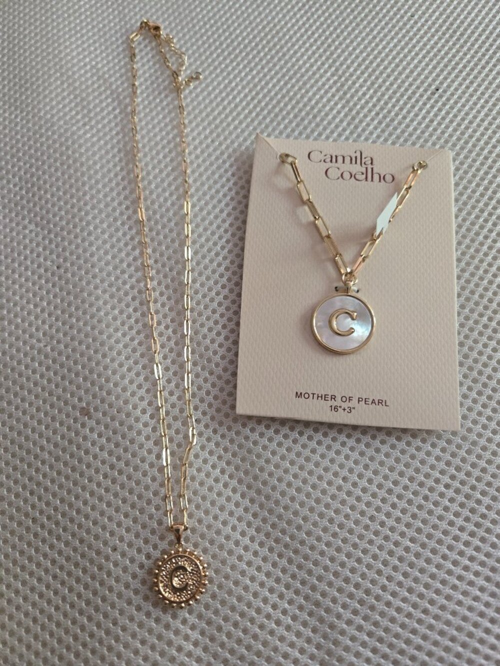 2 gold tone C initial necklaces, very cute & each unique